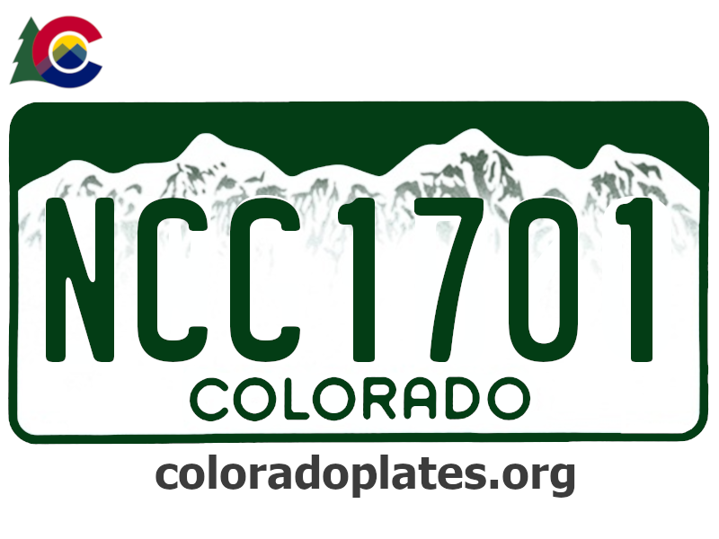 Colorado license plate with NCC1701 on it, the state logo is above the plate and the text coloradoplates.org is below. 