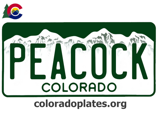 Colorado license plate with the text PEACOCK along with the Colorado state logo and coloradoplates.org