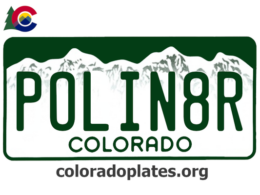 Colorado license plate with the text POLIN8R along with the Colorado state logo and coloradoplates.org
