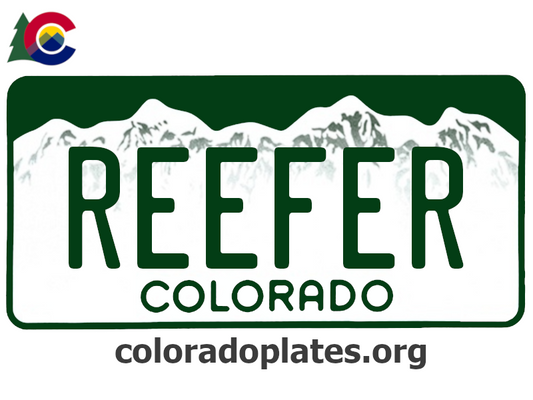 Colorado license plate with the text REEFER along with the Colorado state logo and coloradoplates.org