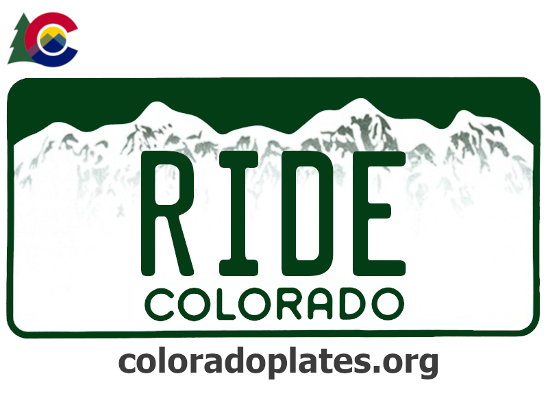 Colorado license plate with RIDE on it, the state logo is above the plate and the text coloradoplates.org is below. 