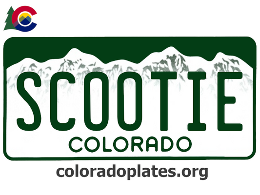 Colorado license plate with SCOOTIE on it, the state logo is above the plate and the text coloradoplates.org is below. 