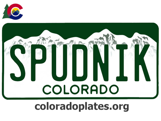Colorado license plate with the text SPUDNIK along with the Colorado state logo and coloradoplates.org
