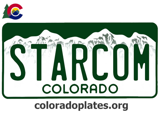 Colorado license plate with the text STARCOM along with the Colorado state logo and coloradoplates.org