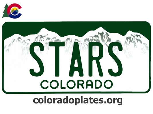 Colorado license plate with the text STARS along with the Colorado state logo and coloradoplates.org
