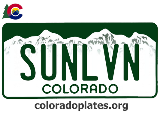 Colorado license plate with the text SUNLVN along with the Colorado state logo and coloradoplates.org
