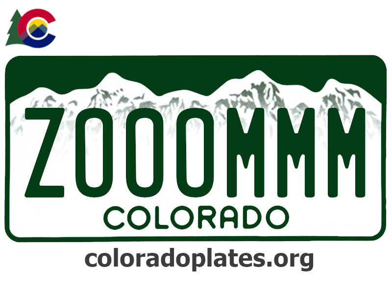 Colorado license plate with ZOOOMMM on it, the state logo is above the plate and the text coloradoplates.org is below. 