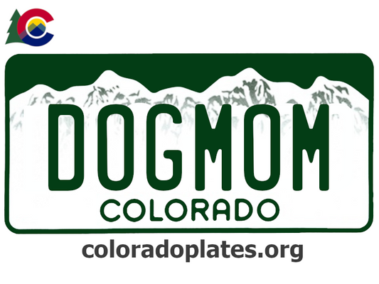 Colorado license plate with the text DOGMOM along with the Colorado state logo and coloradoplates.org