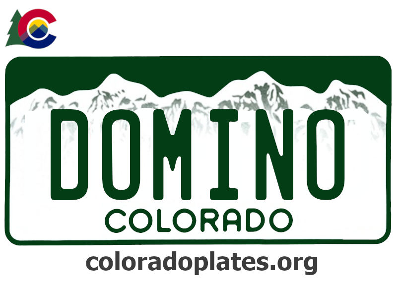 Colorado license plate with the text DOMINO along with the Colorado state logo and coloradoplates.org