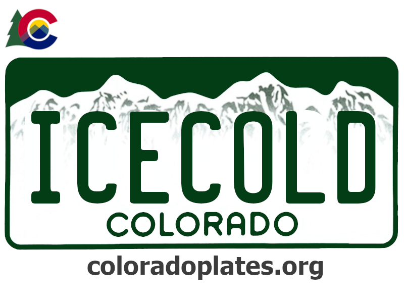 Colorado license plate with the text ICECOLD along with the Colorado state logo and coloradoplates.org