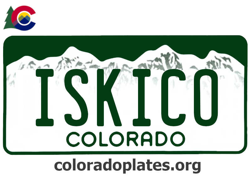 Colorado license plate with the text ISKICO along with the Colorado state logo and coloradoplates.org