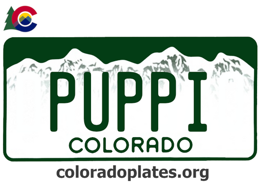 Colorado license plate with the text PUPPI along with the Colorado state logo and coloradoplates.org