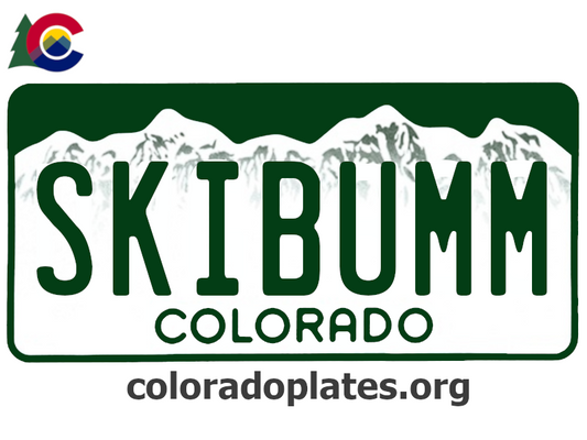 Colorado license plate with the text SKIBUMM along with the Colorado state logo and coloradoplates.org